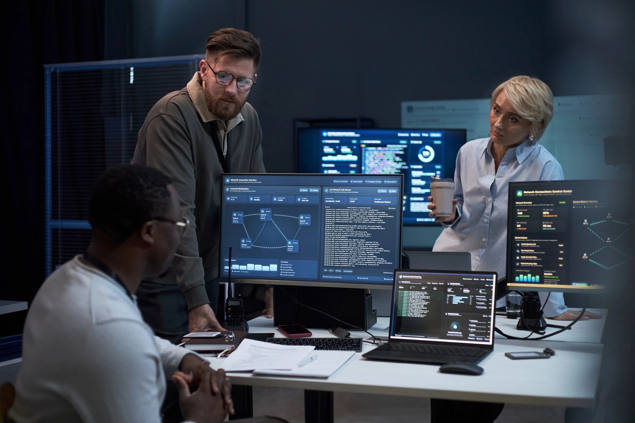 Diverse it Team Reviewing Cybersecurity Data in Operations Center